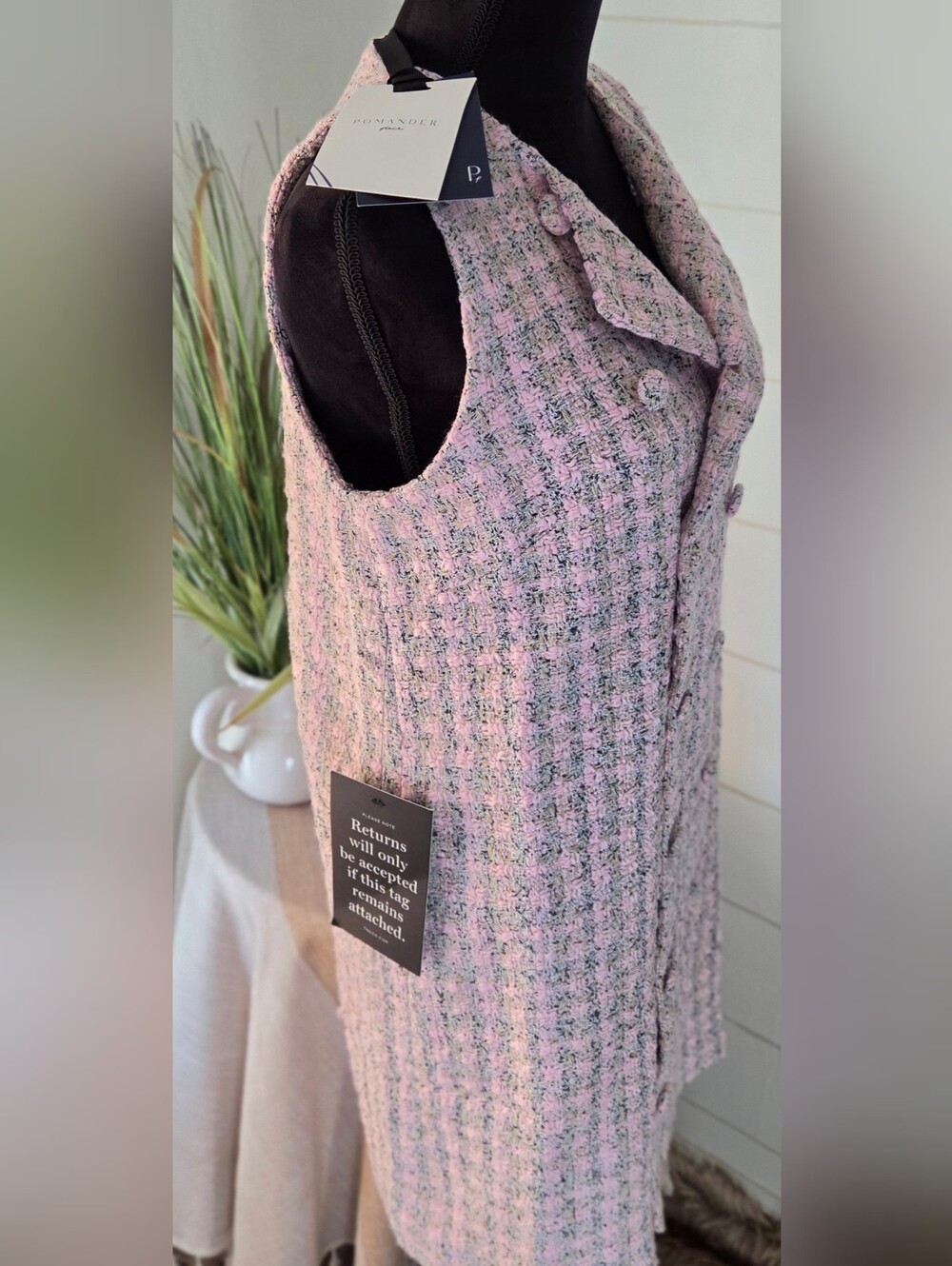 NWT Pomander Place Tuckernuck Pink Tweed Double Breasted Mini Vest Dress Large - Picture 3 of 7